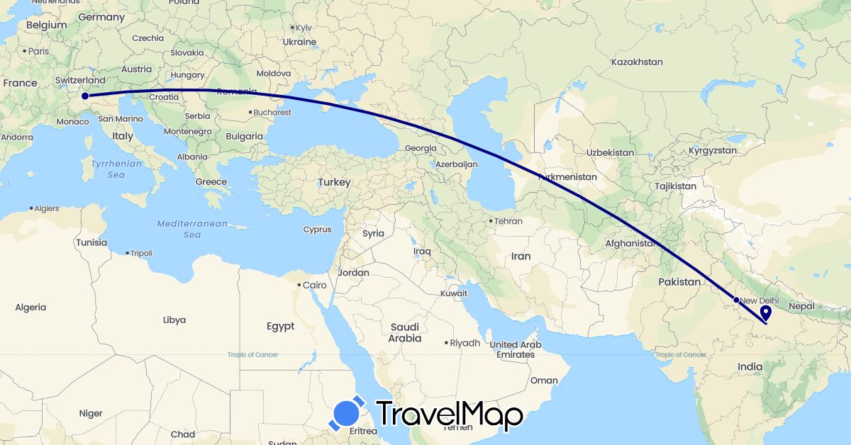 TravelMap itinerary: driving in India, Italy (Asia, Europe)